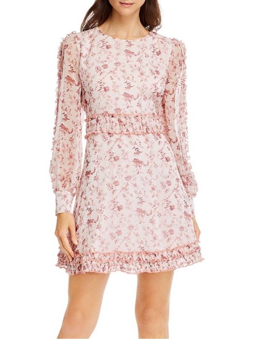 Aqua Pink Floral Ruffle Long-Sleeve Mini Dress